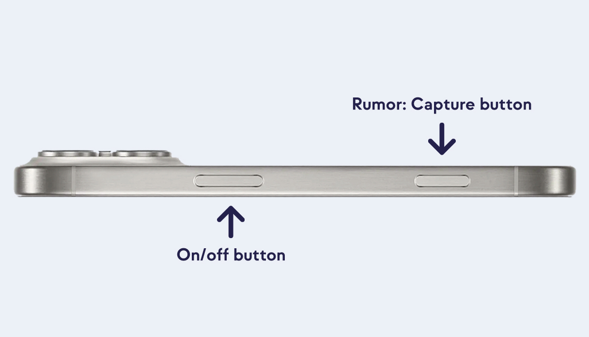 De iPhone is van de zijkant te zien, met pijltjes wordt aangegeven waar de capture button misschien komt.