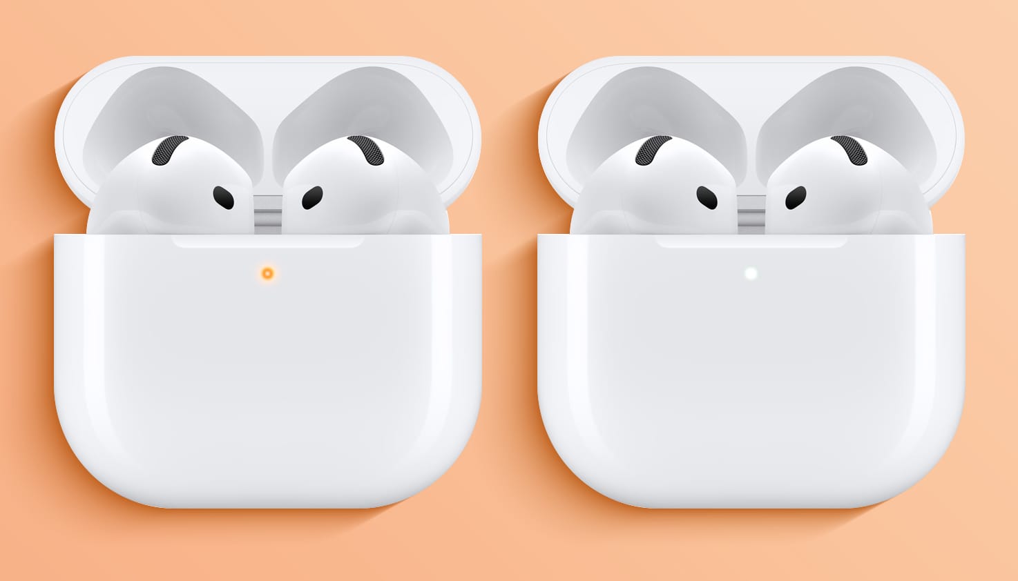 AirPods 4 met het indicatielampje op oranje en wit.