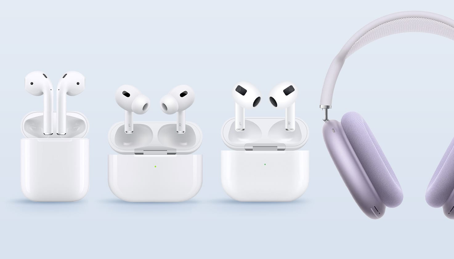 Van links naar rechts: AirPods 1 / 2, AirPods 3, AirPods 4 en AirPods Max.