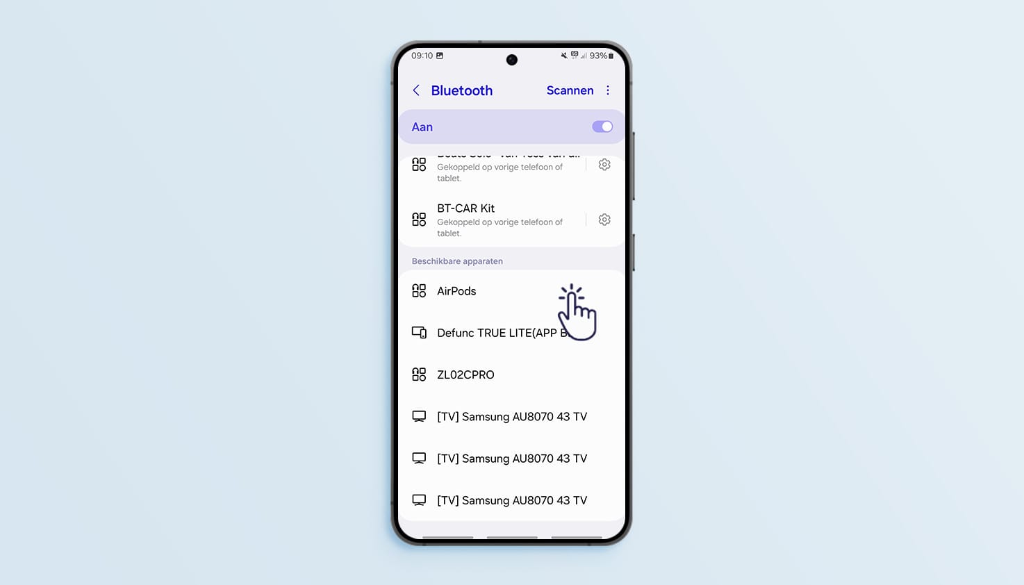 Instructie van het zoeken naar verbinden van de Samsung met Apple AirPods.