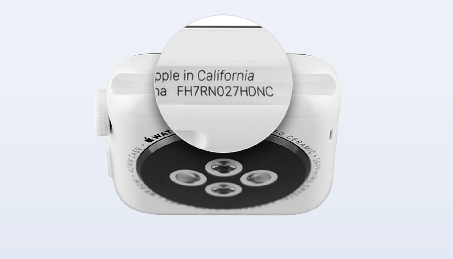 Duidelijke foto van een Apple watch waar je het serienummer op de kast kunt vinden. 