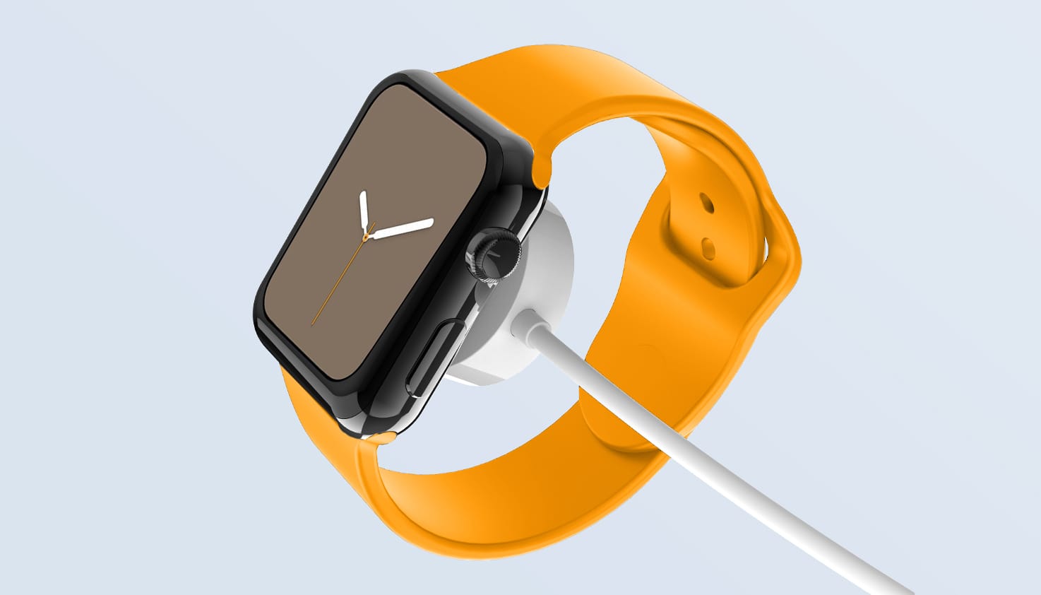 Een Apple Watch met oranje band aan een draadloze oplader.