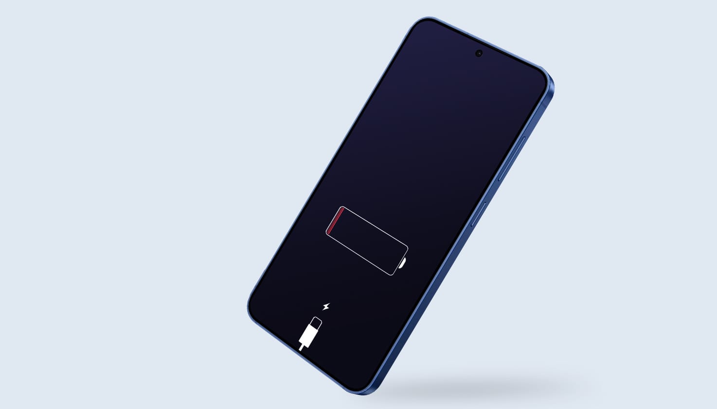 Een smartphone op een lichtblauwe achtergrond die uit staat en het signaal geeft dat de batterij leeg is.