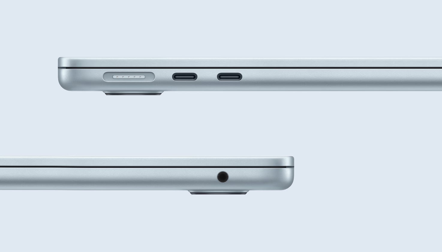 Een MacBook vanaf twee verschillende kanten met verschillende aansluitingen.