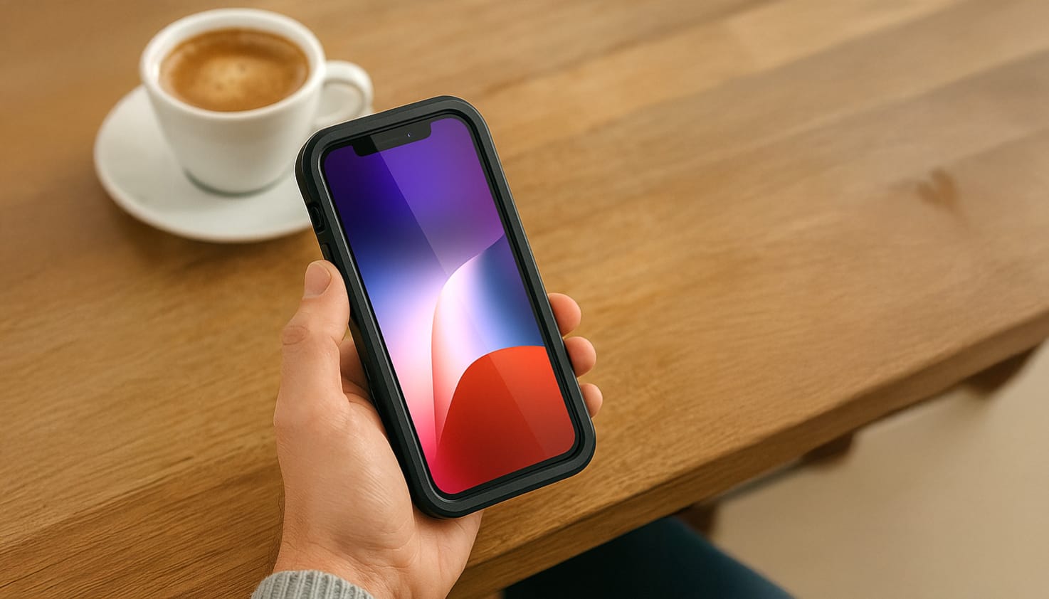 Een telefoon met een zwarte telefoonhoes in iemands hand.