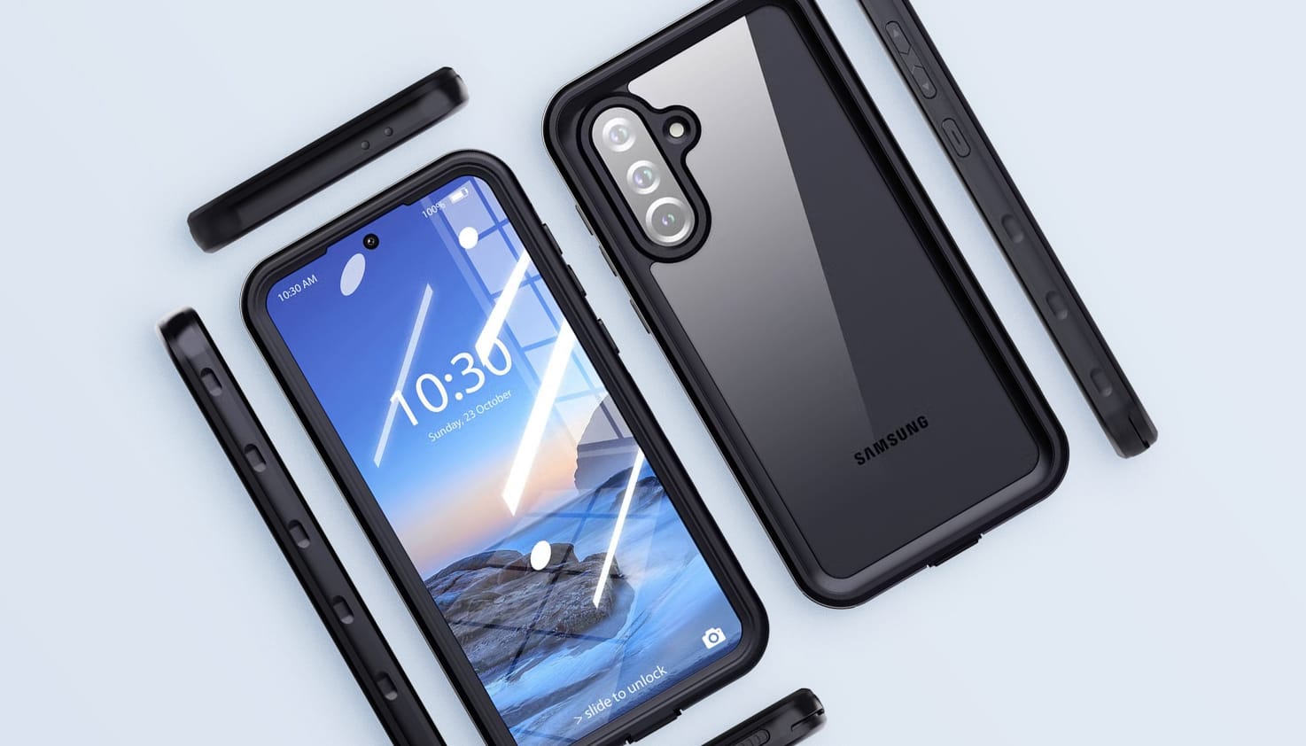 Een waterdichte zwarte hardcase om een Samsung telefoon.