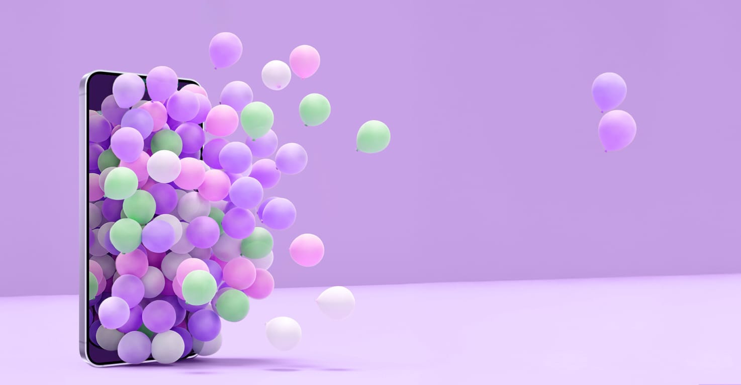 Een Samsung telefoon waar ballonnen uit komen.