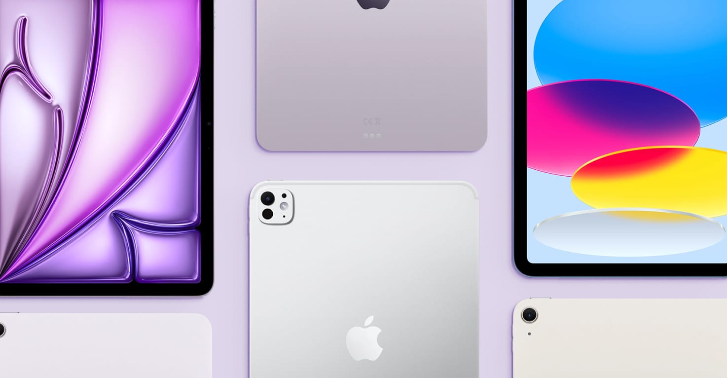 Afbeelding met verschillende iPads op een lila achtergrond.