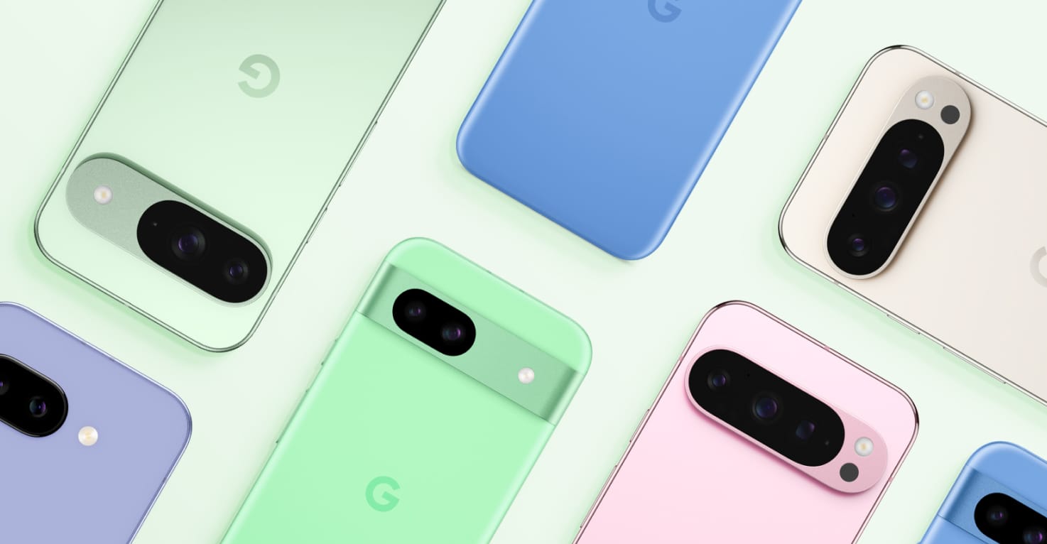 Een flatlay van verschillende Google telefoons.