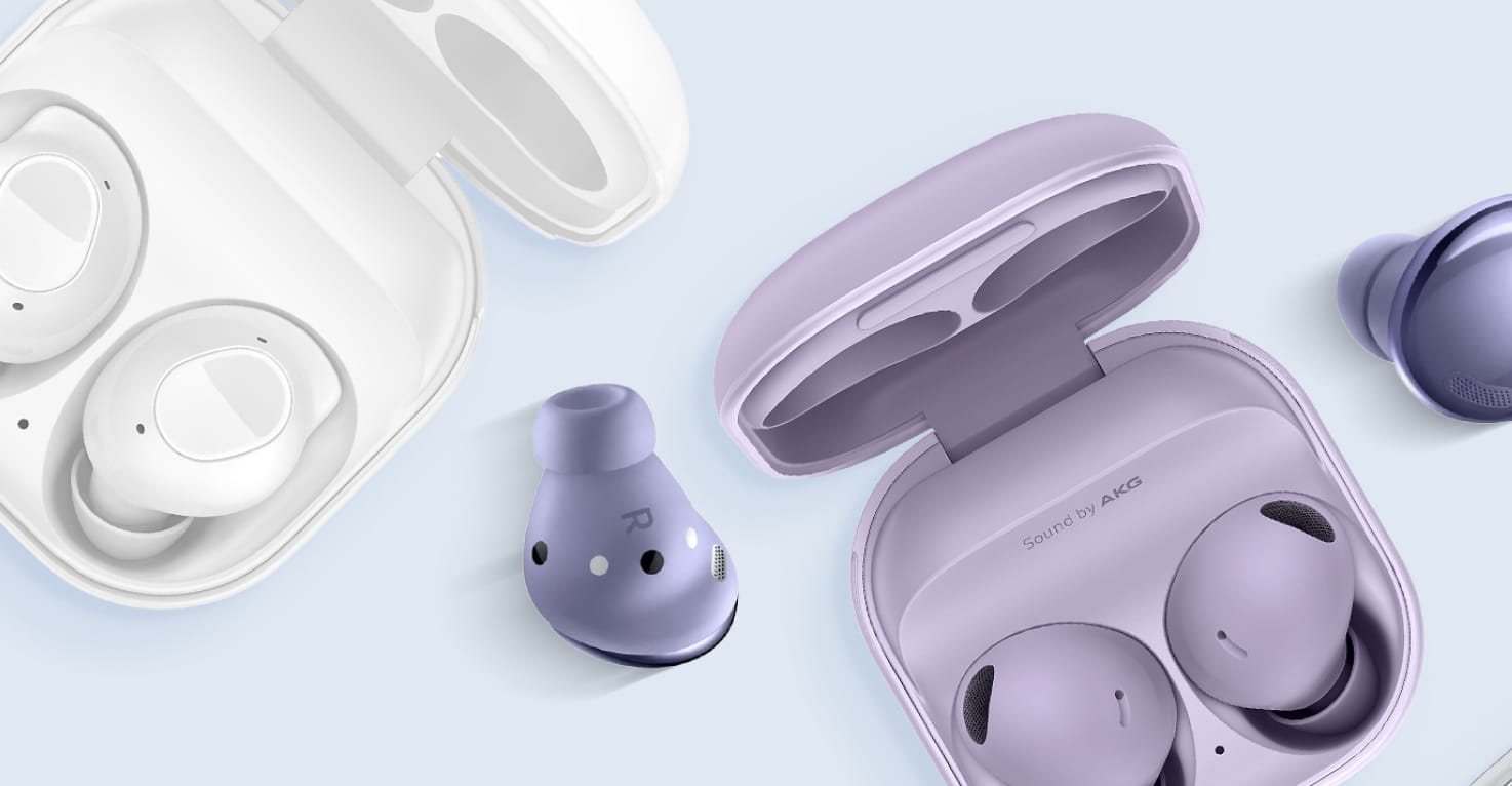 Samsung Galaxy Buds in verschillende kleuren.