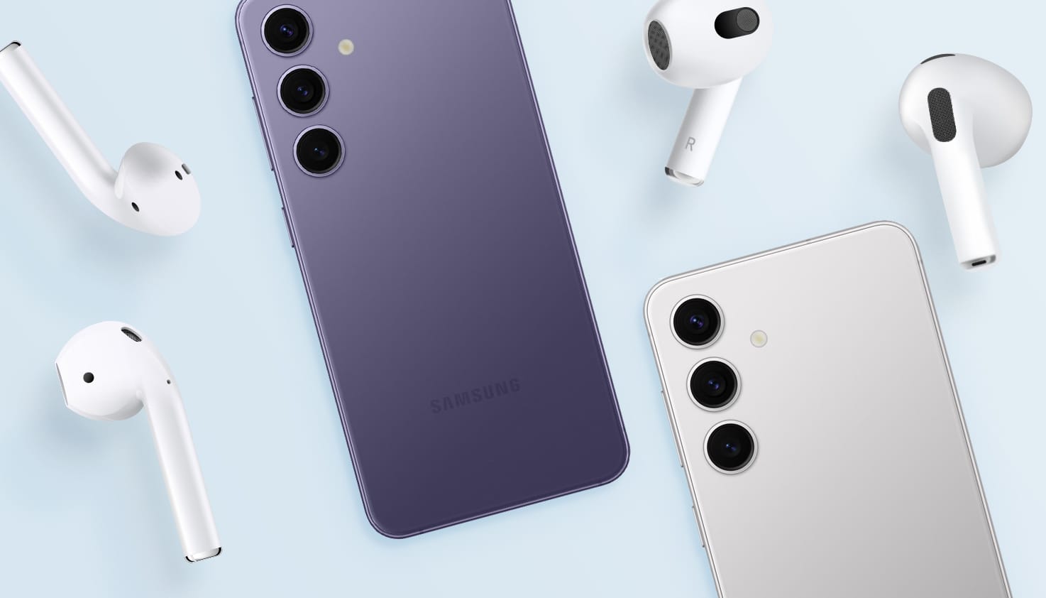 Verzameling van Apple AirPods en Samsung telefoons voor het verbinden van elkaar.