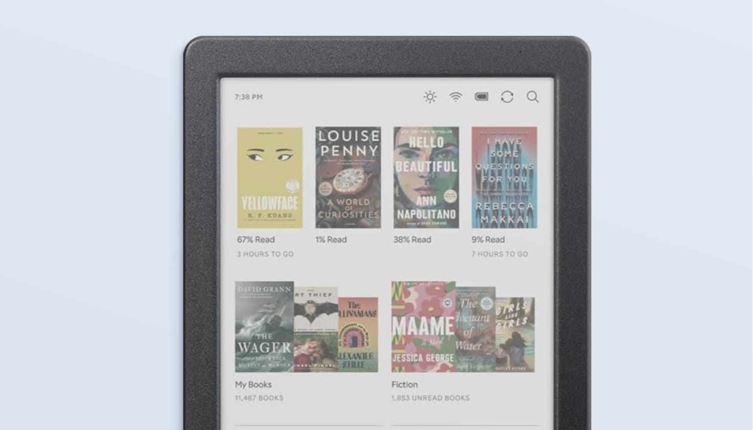 Foto van een e-reader waarop de je boeken ziet die op de e-reader staan.