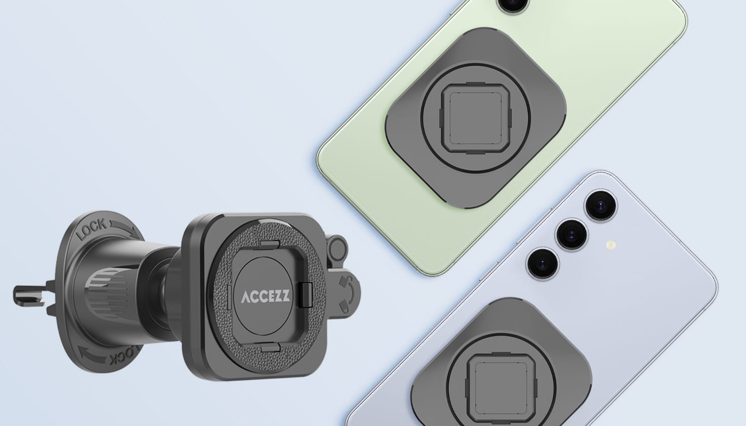 een productfoto van twee telefoons met een magneetplaatje en een telefoonhouder met kliksysteem