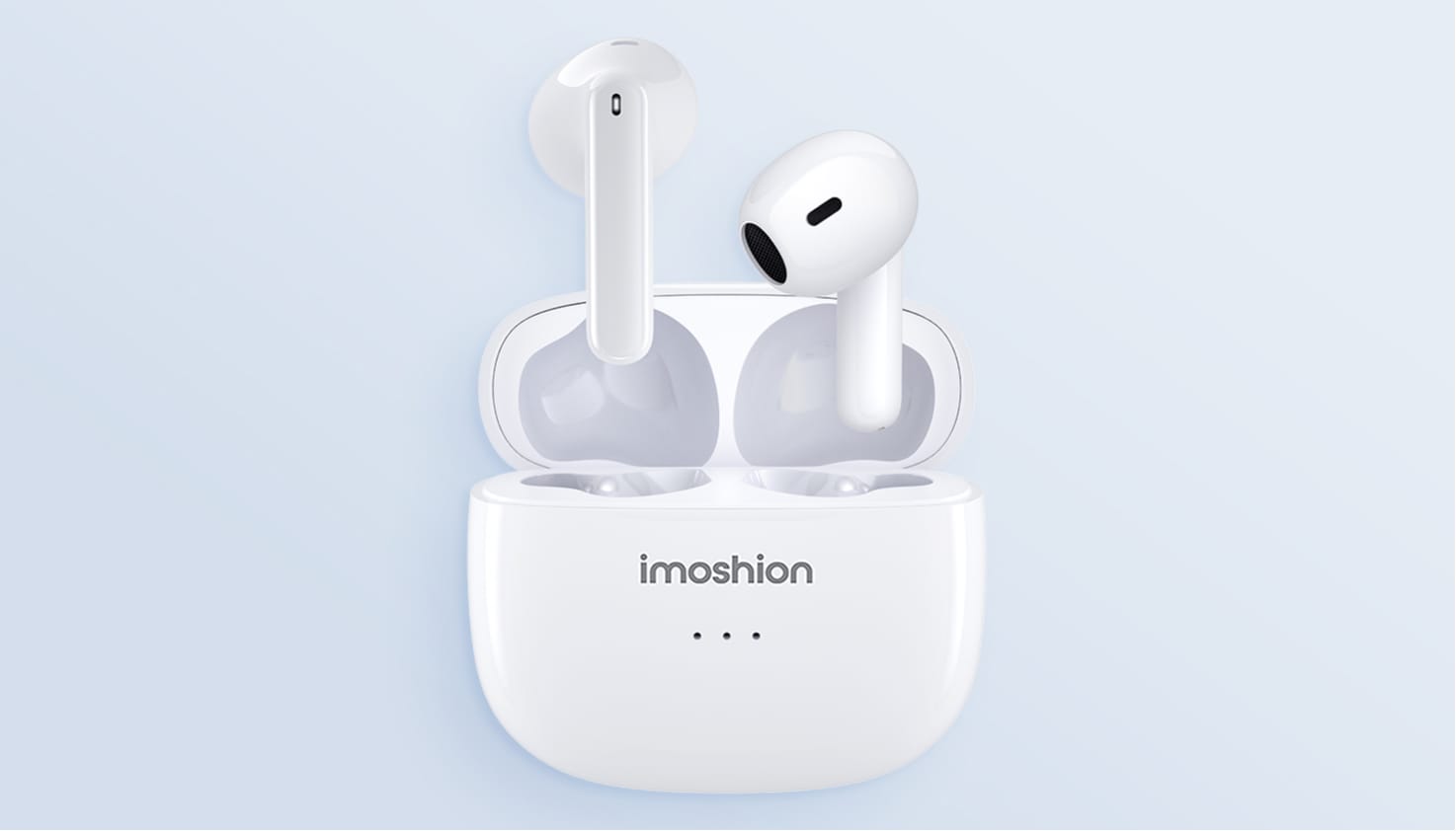 Witte imoshion Aura draadloze oordopjes die boven een open oplaadcase zweven, op een lichtblauwe achtergrond.