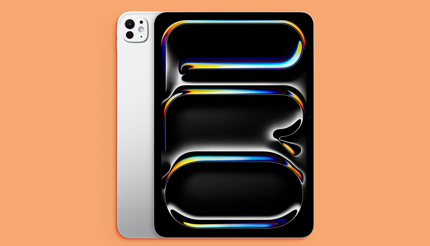 Foto van een iPad pro op een oranje achtergrond.