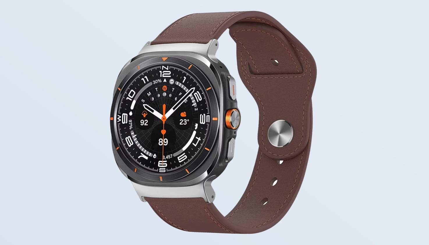 Foto van een smartwatch met bruine leren band.