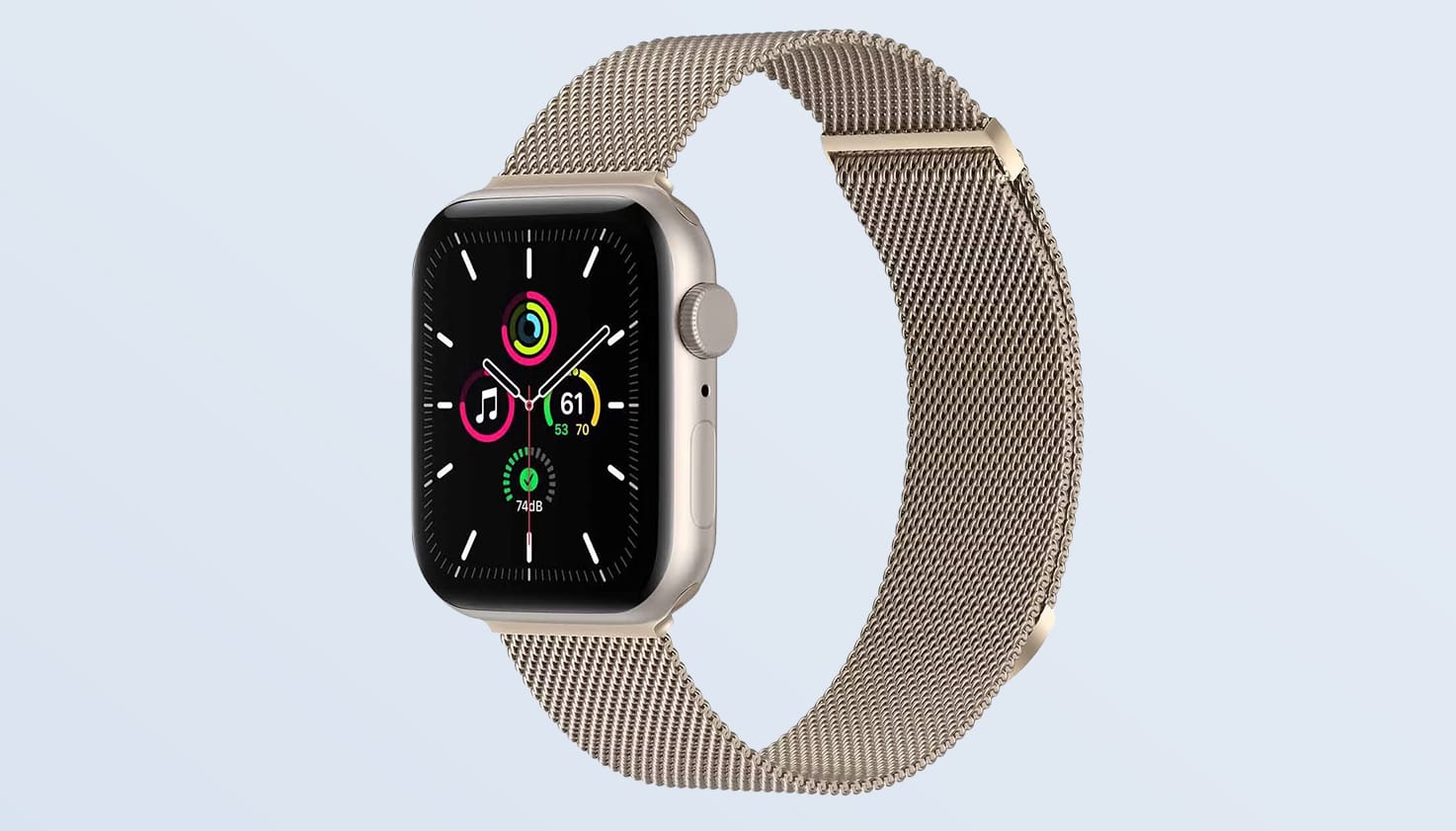 Foto van een Apple Watch met Milanees bandje in de kleur sterrenlicht.