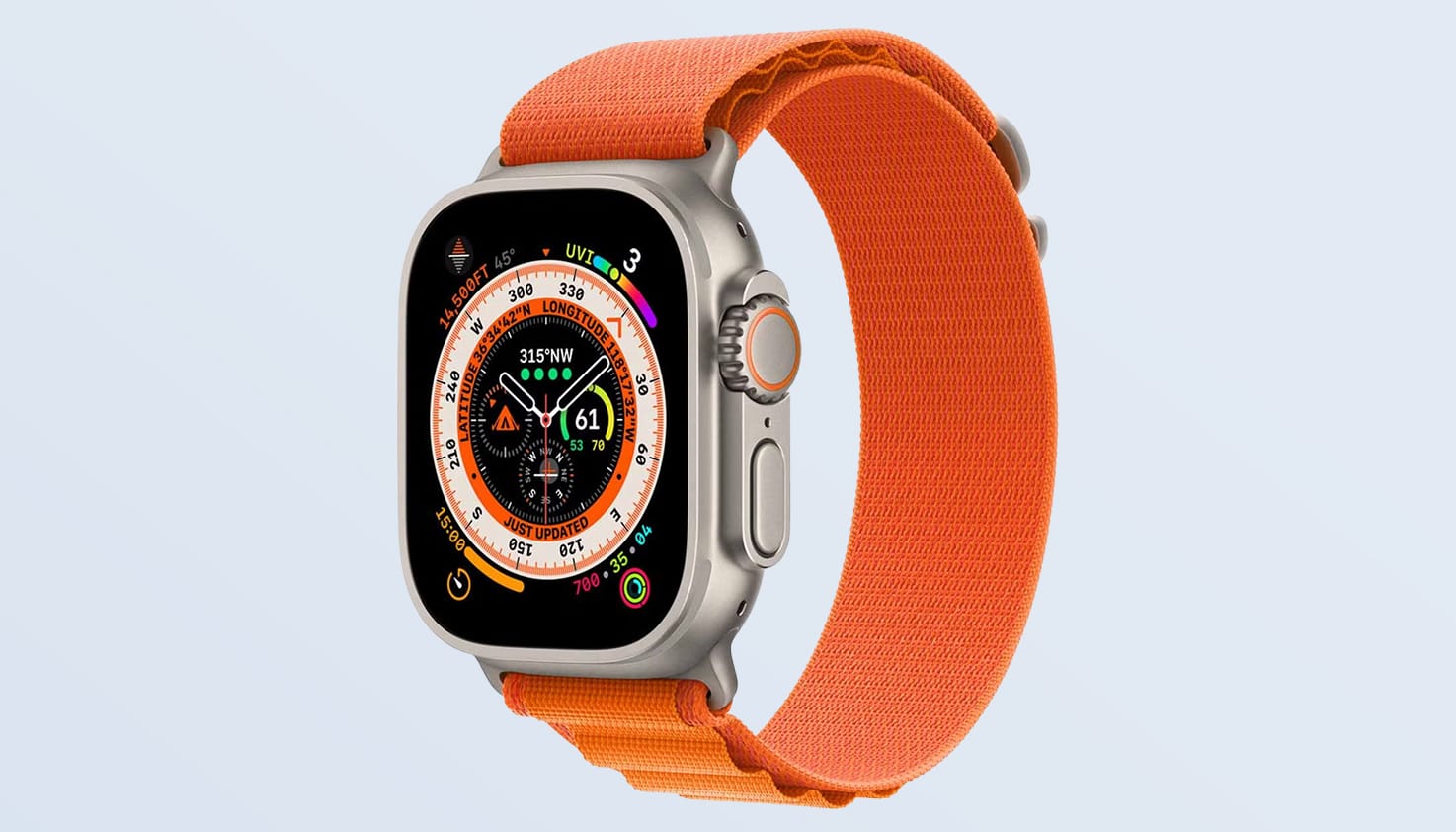 Foto van een Apple Watch Ultra met oranje nylon bandje. 