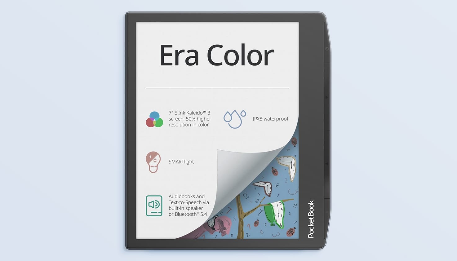 Foto van een pocketbook era color, op een lichtblauwe.