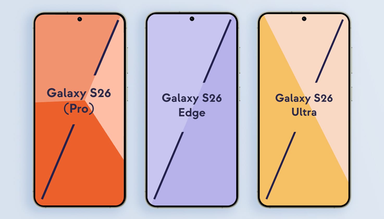 Verschillende formaten van de Galaxy 26, Galaxy 26 Edge en Galaxy S26 Ultra.