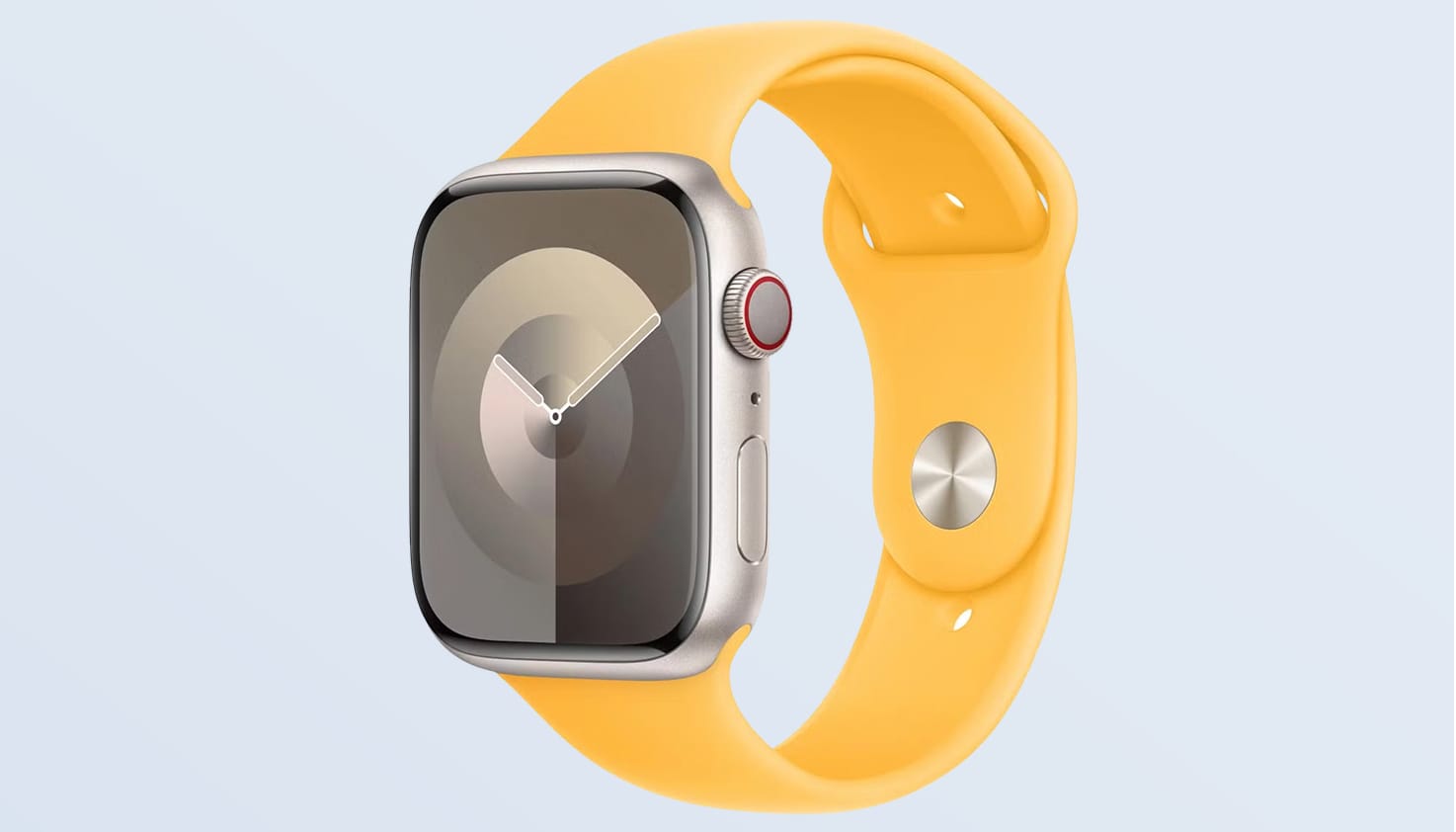 Foto van een Apple Watch met geel siliconen bandje.