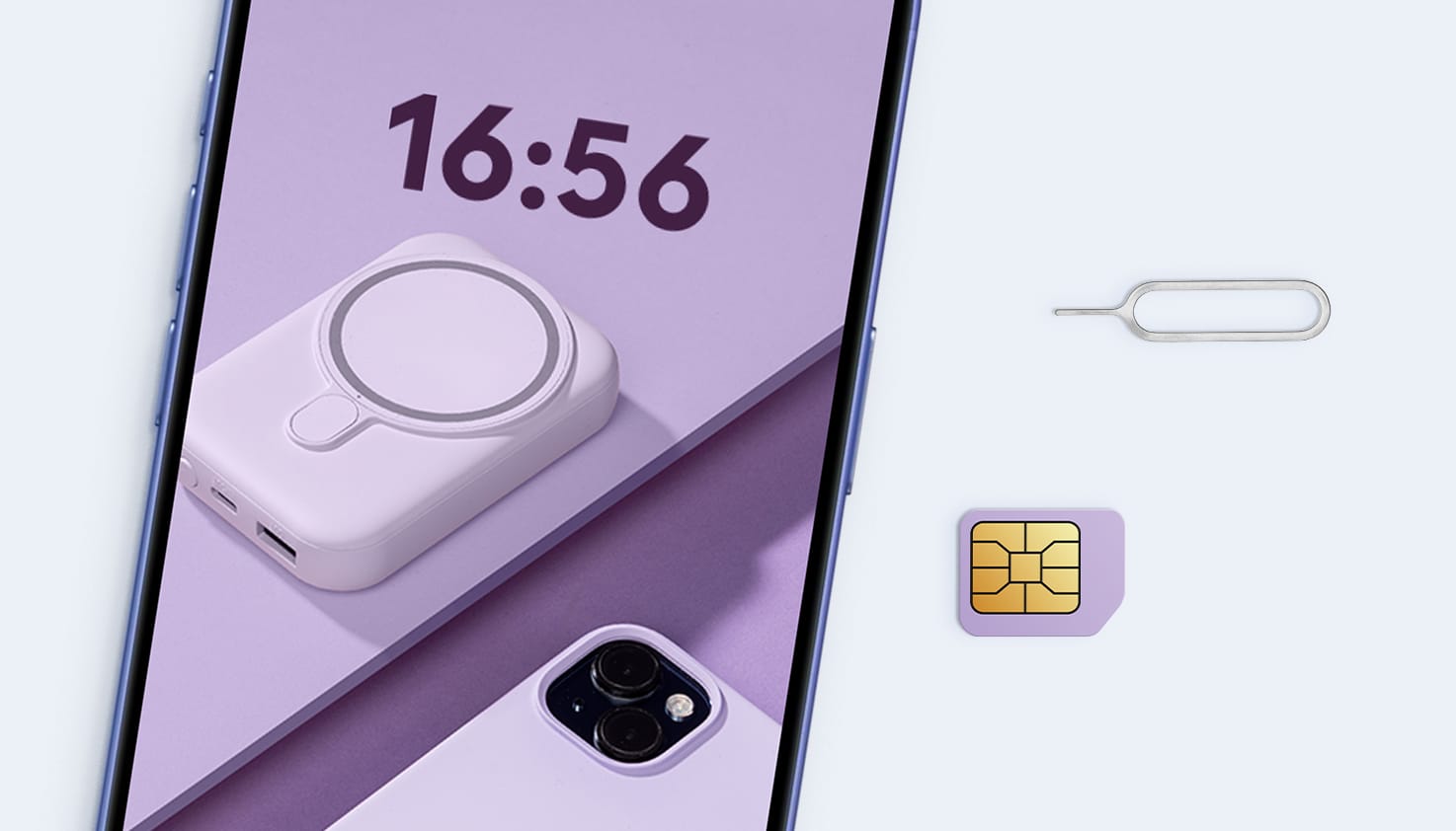 Scherm van iPhone met een simkaart en pinnetje om simkaart te plaatsen.