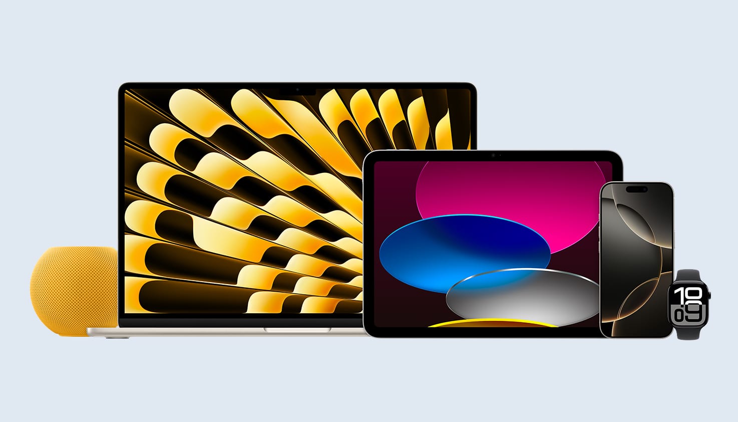 Verschillende soorten Apple-producten waarvoor AppleCare kan worden afgesloten, van links naar rechts: HomePod, MacBook Pro, iPad Air, iPhone 16 Pro Max, Apple Watch Series 10.