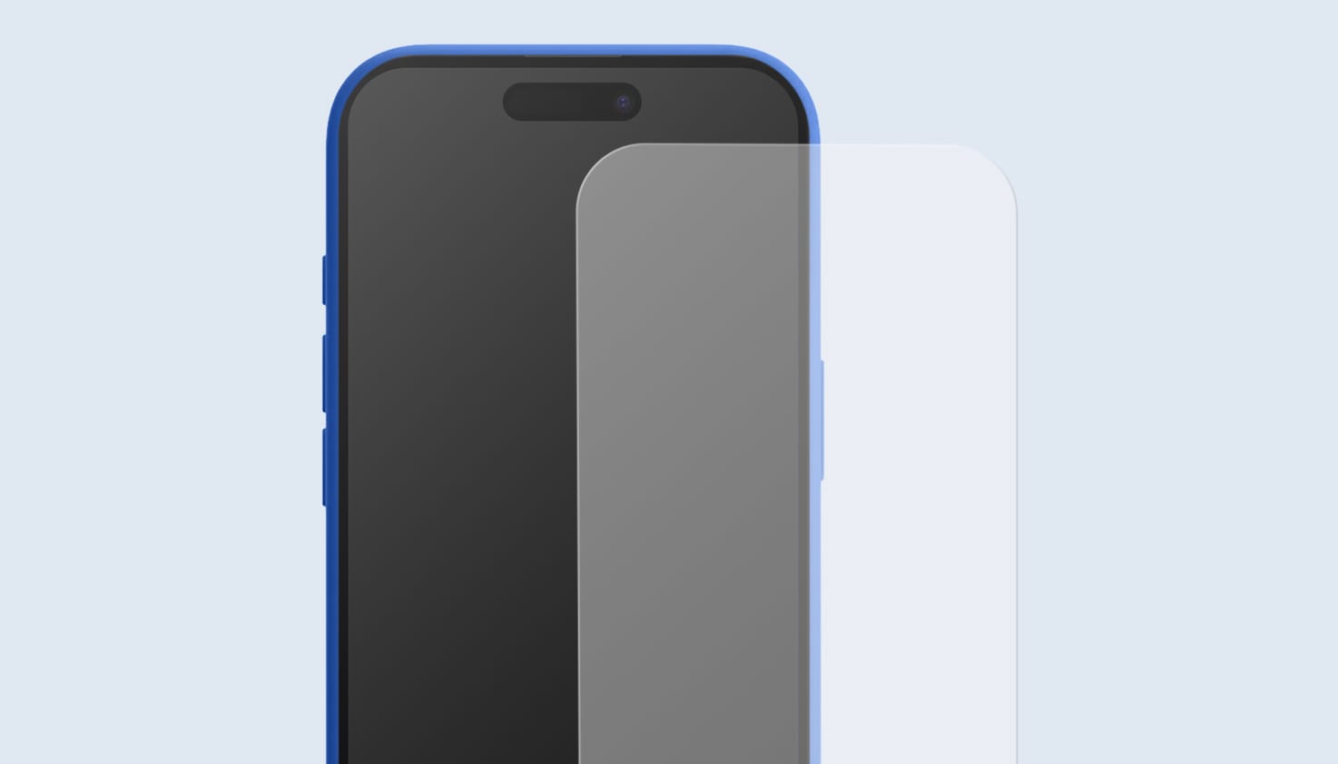 Een Apple iPhone zichtbaar vanaf de voorzijde met een blauw hoesje en een screenprotector ter bescherming, de achtergrond is lichtblauw.