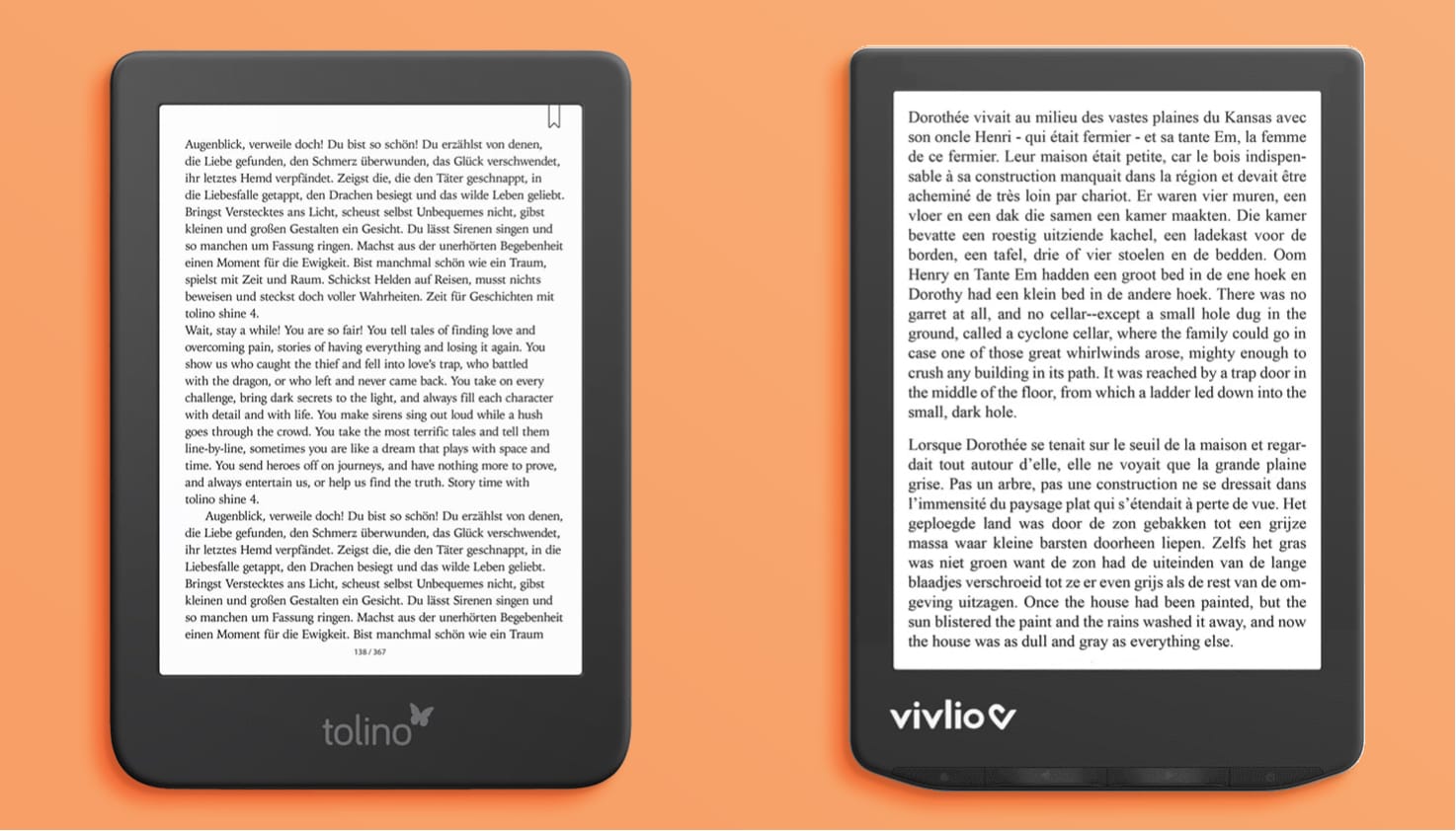 Foto van een Tolino en Vivlio op een oranje achtergrond.