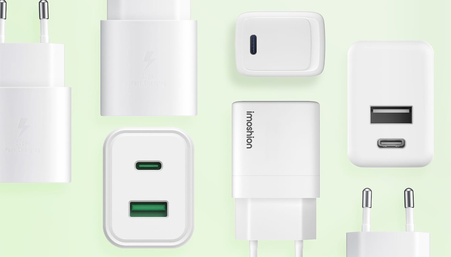 Verschillende witte opladers met USB-A en/of USB-C poorten zichtbaar. Van het merk imoshion op een lichtgroene achtergrond.