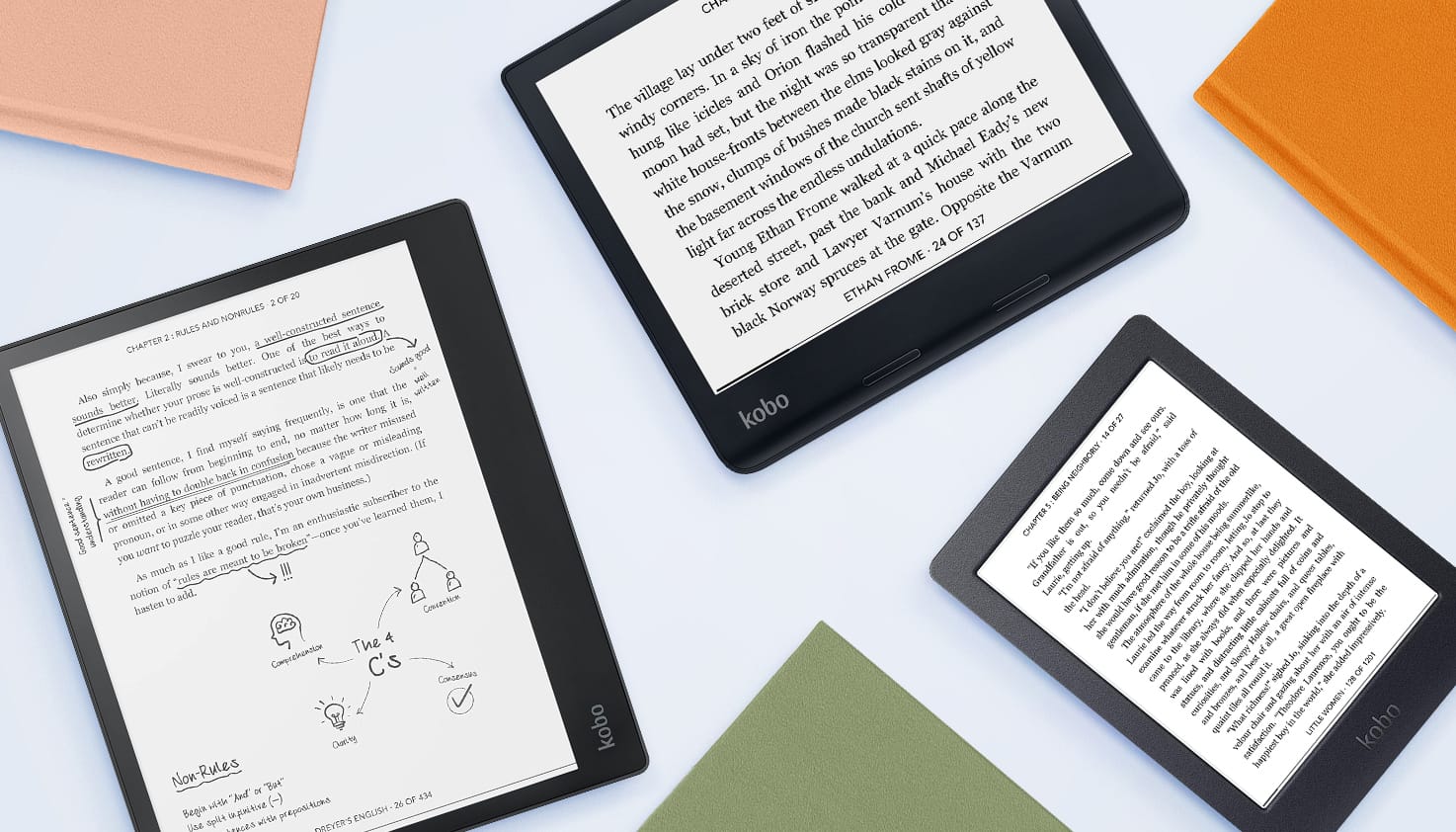 Foto van verschillende e-readers en hoezen op een blauwe achtergrond.