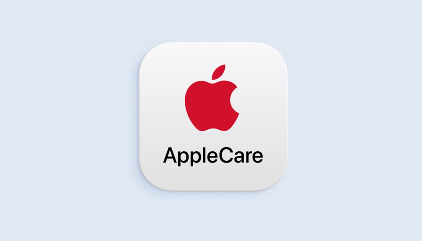 Het officiële AppleCare logo op een lichtblauwe achtergrond.