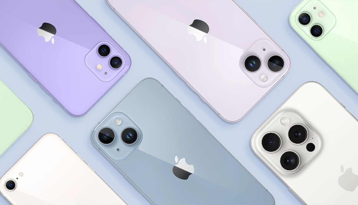 Een flatlay van verschillende iPhone modellen in diverse kleuren.